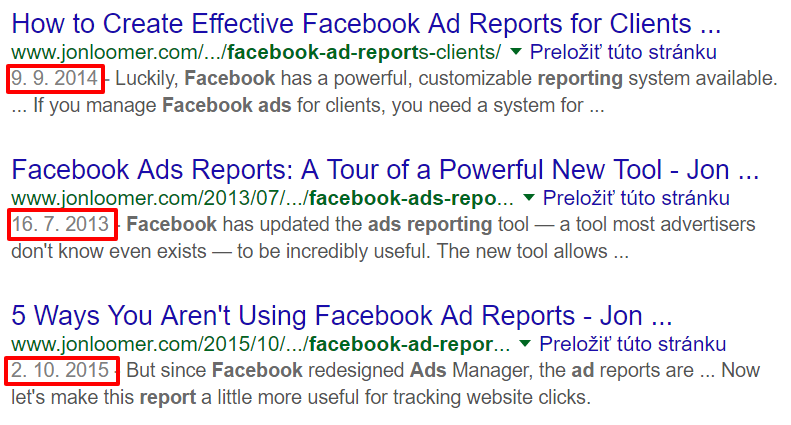 Dátum publikovania článku v Google SERPe