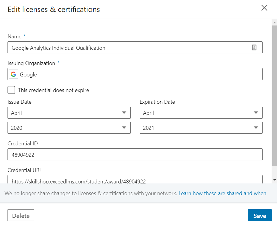 Pridávanie nového certifikátu na LinkedIn (krok 2)