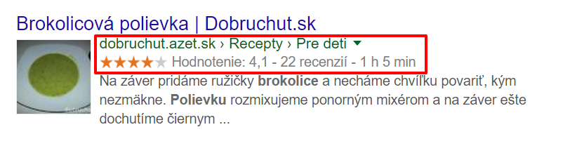 Príklad rich snippets pre recepty a hodnotenia