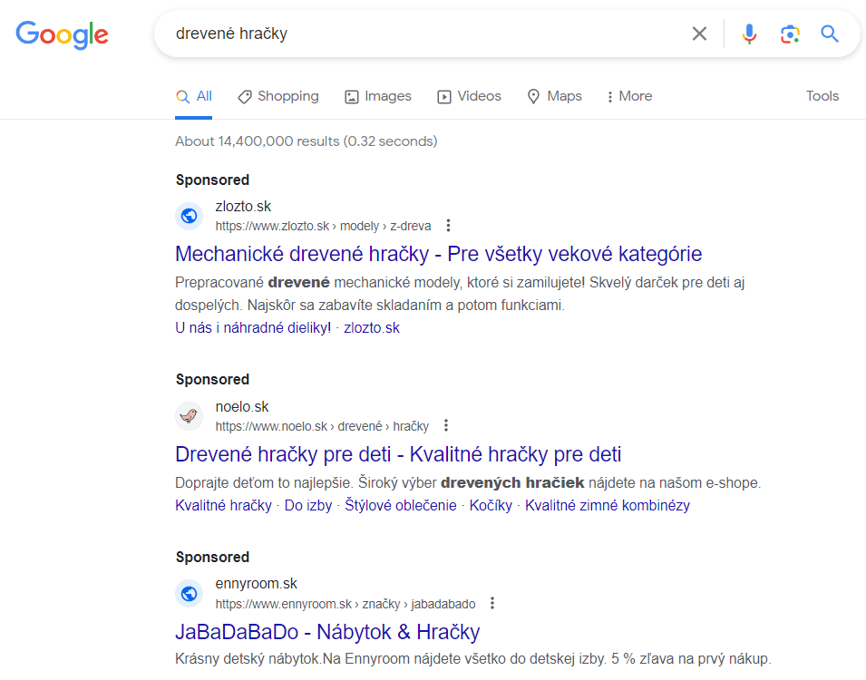Ukážka platených reklám v SERP-e