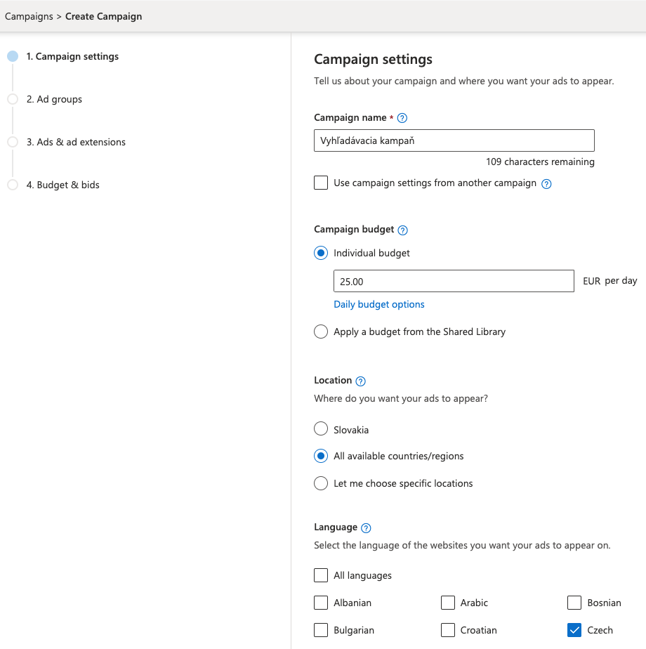 Postup, ako vytvoriť vyhľadávaciu kampaň v Microsoft Ads 4