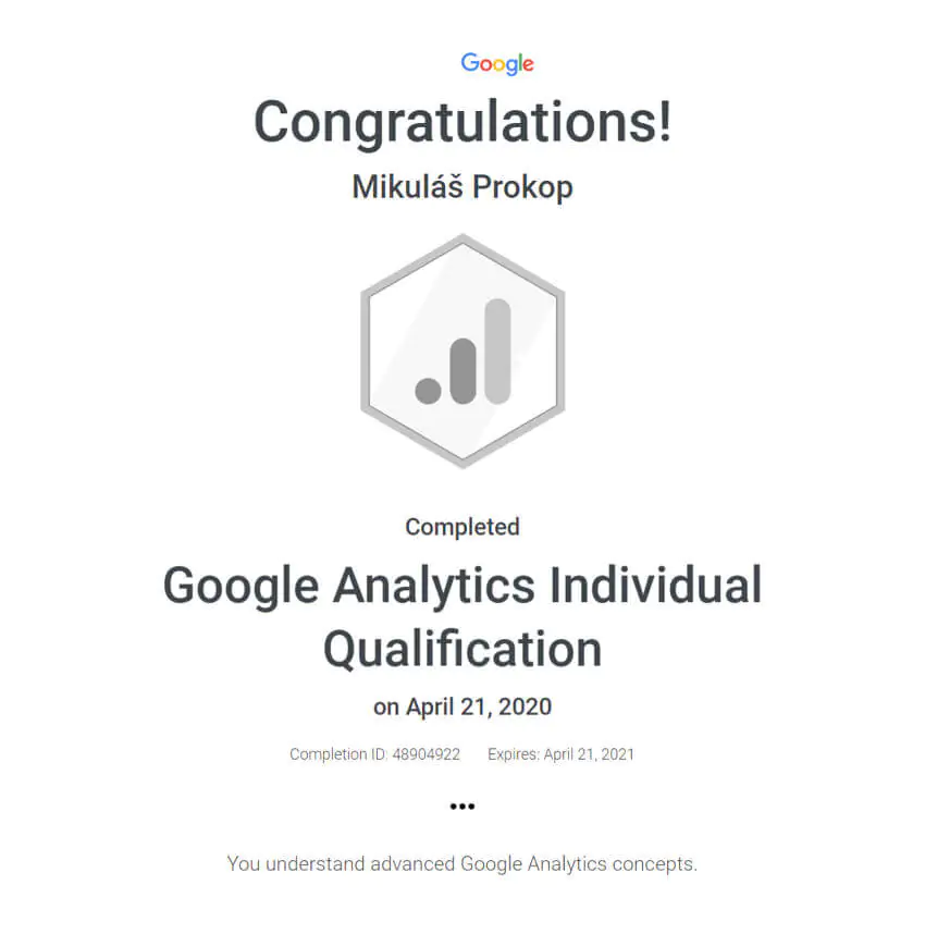 Certifikát Google Analytics Individual Qualification (GAIQ)