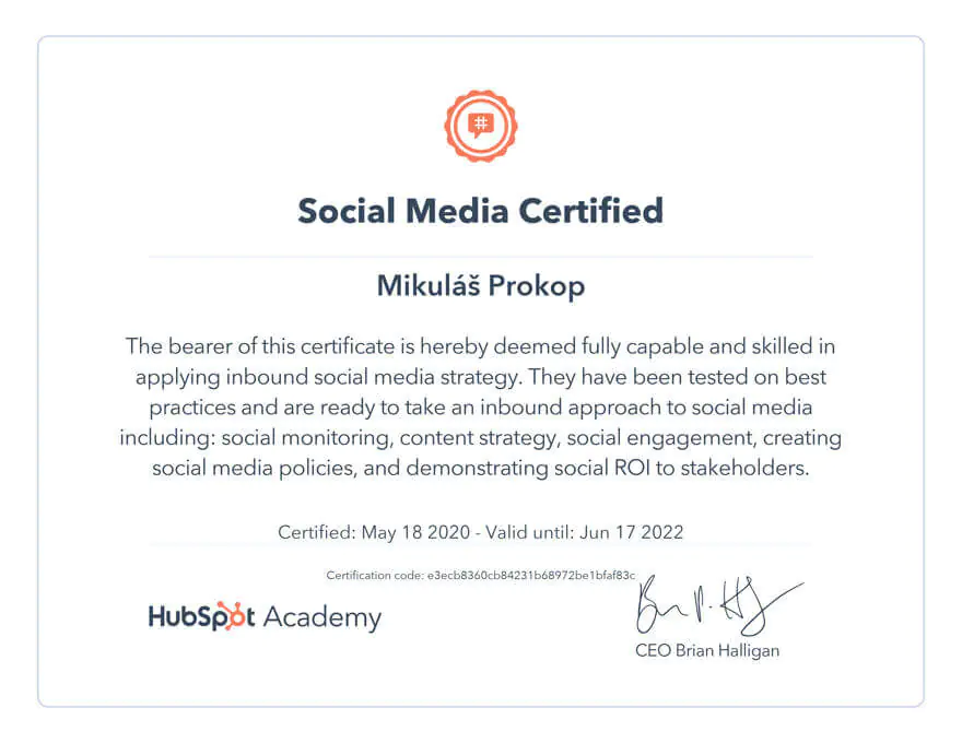 Certifikát zo sociálnych médií od spoločnosti HubSpot